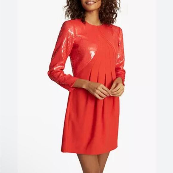 NWT Reiss Kori coral orange sequin short sleeve pleated party dress Size 12 - Picture 1 of 11